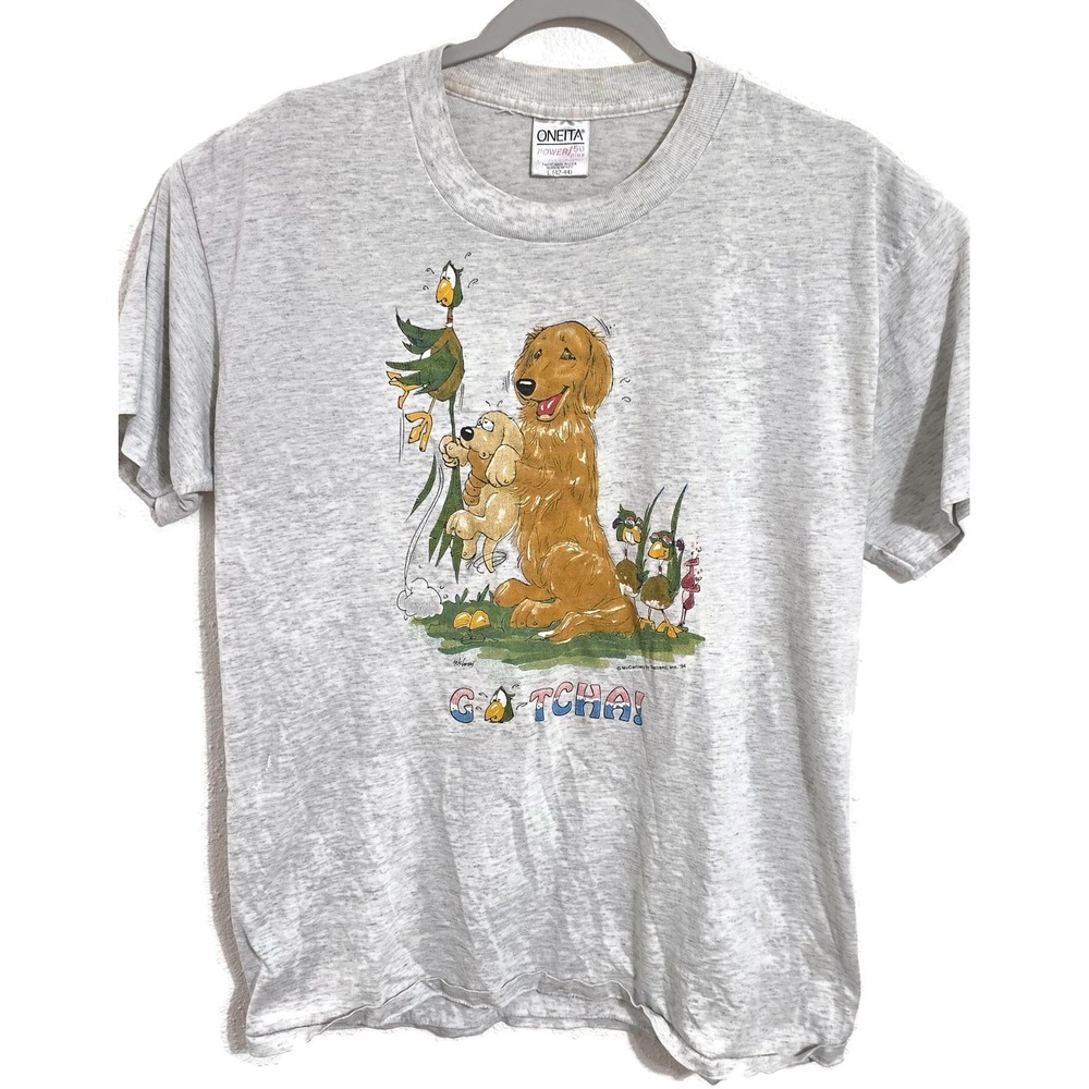Vintage Oneita Shirt Mens Large Gray Dog Duck Gotcha Funny 1994 Graphic Tee